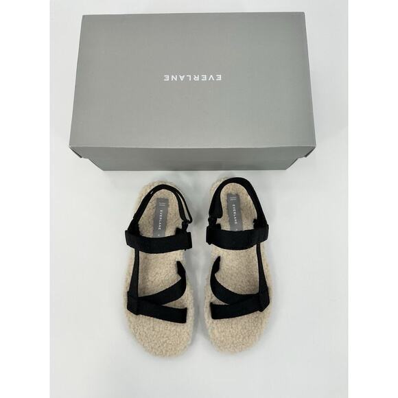 Everlane Sherpa Sandals Size 6 Black Faux Fur Strappy Comfort Slides w/ Box - Picture 2 of 7